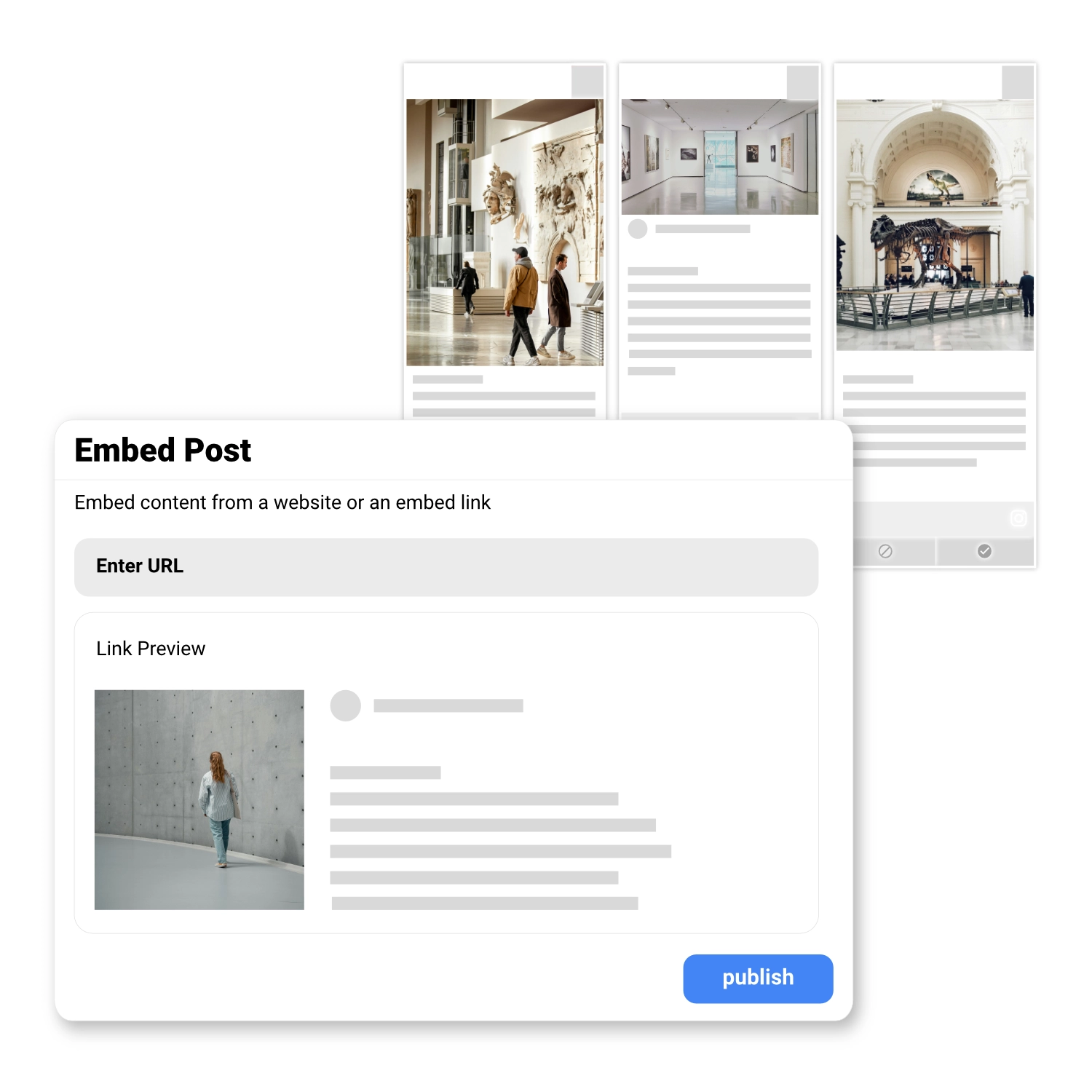 Integrating social media content and web content via embed codes and links.