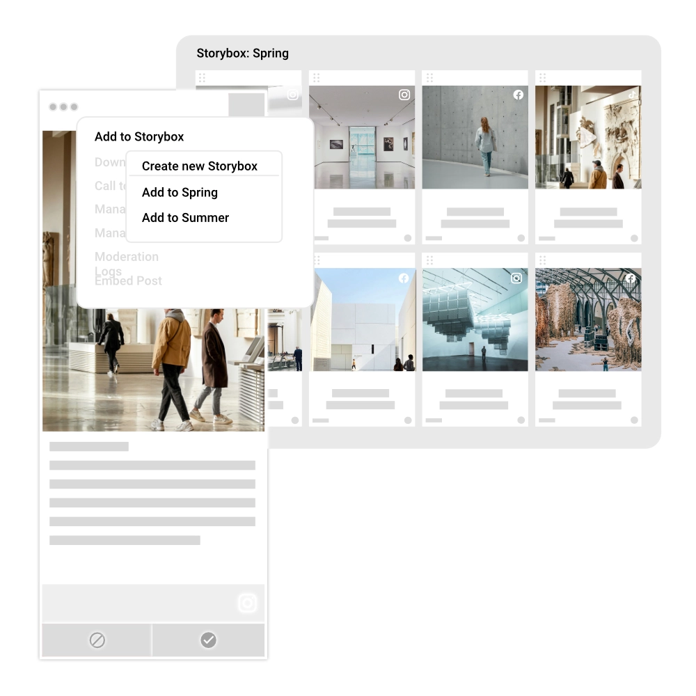 Manual arrangement of social media content in the storybox layout.