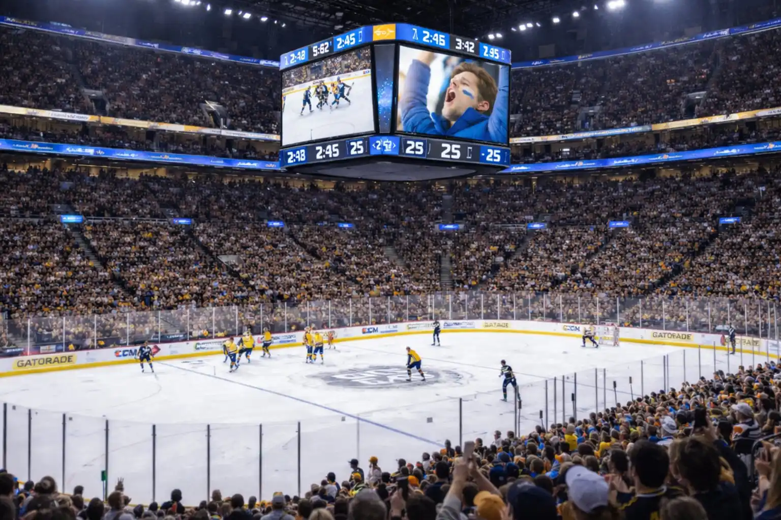 Large stadium screen displaying fan social media posts during a live event.