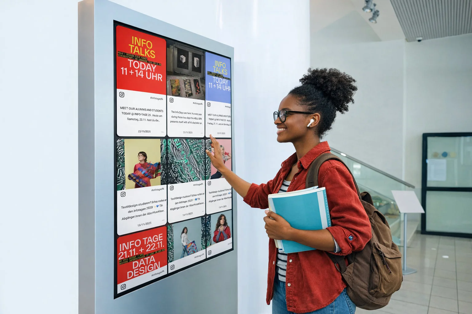 Digital display in a store showing curated social media posts in real-time.