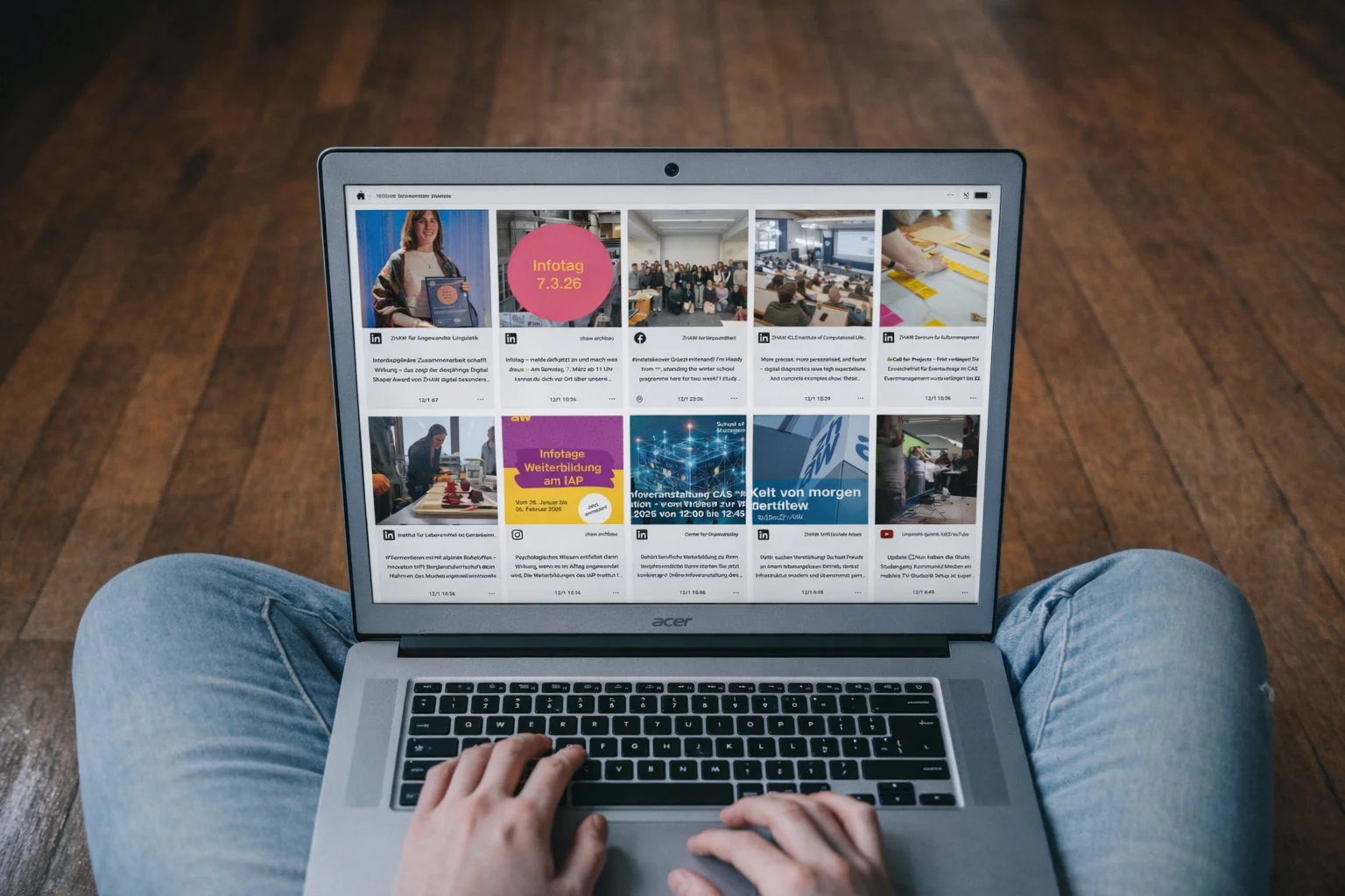 A modern website with an embedded social media wall showing user-generated content in a responsive grid.